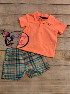 Carter’s 2-Piece Neon Orange Club Polo & Plaid Short Set