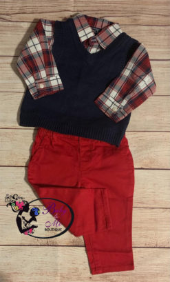 The Children’s Place 3-Piece Plaid Shirt, Red Pants & Navy Vest Set