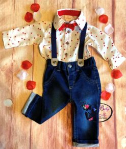 Cat & Jack Valentine's Day Hearts Top & Denim Bottom Suspender Set with Bowtie