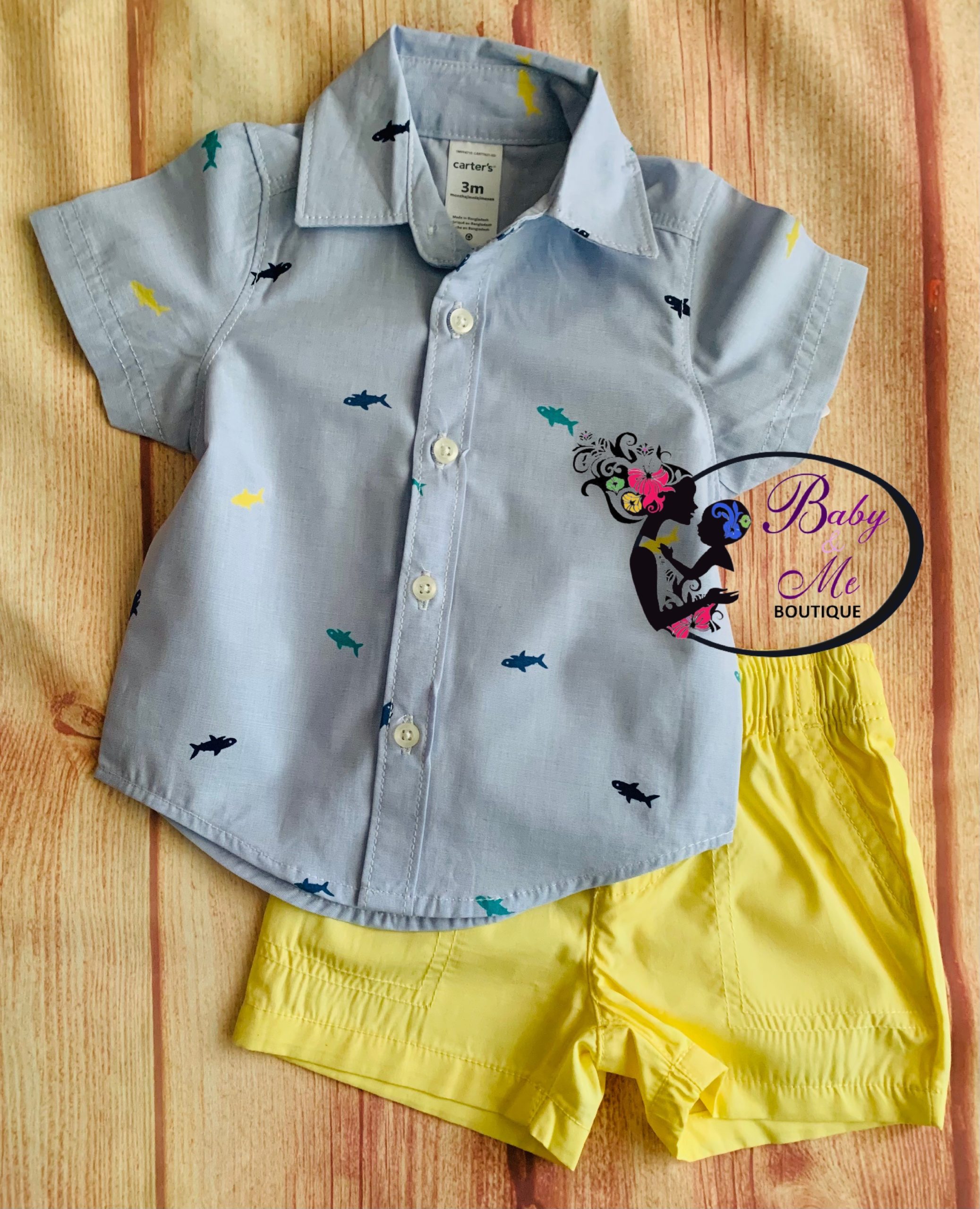 Carter’s 2-Piece Blue Sharks Button-Front Shirt and Yellow Short Set